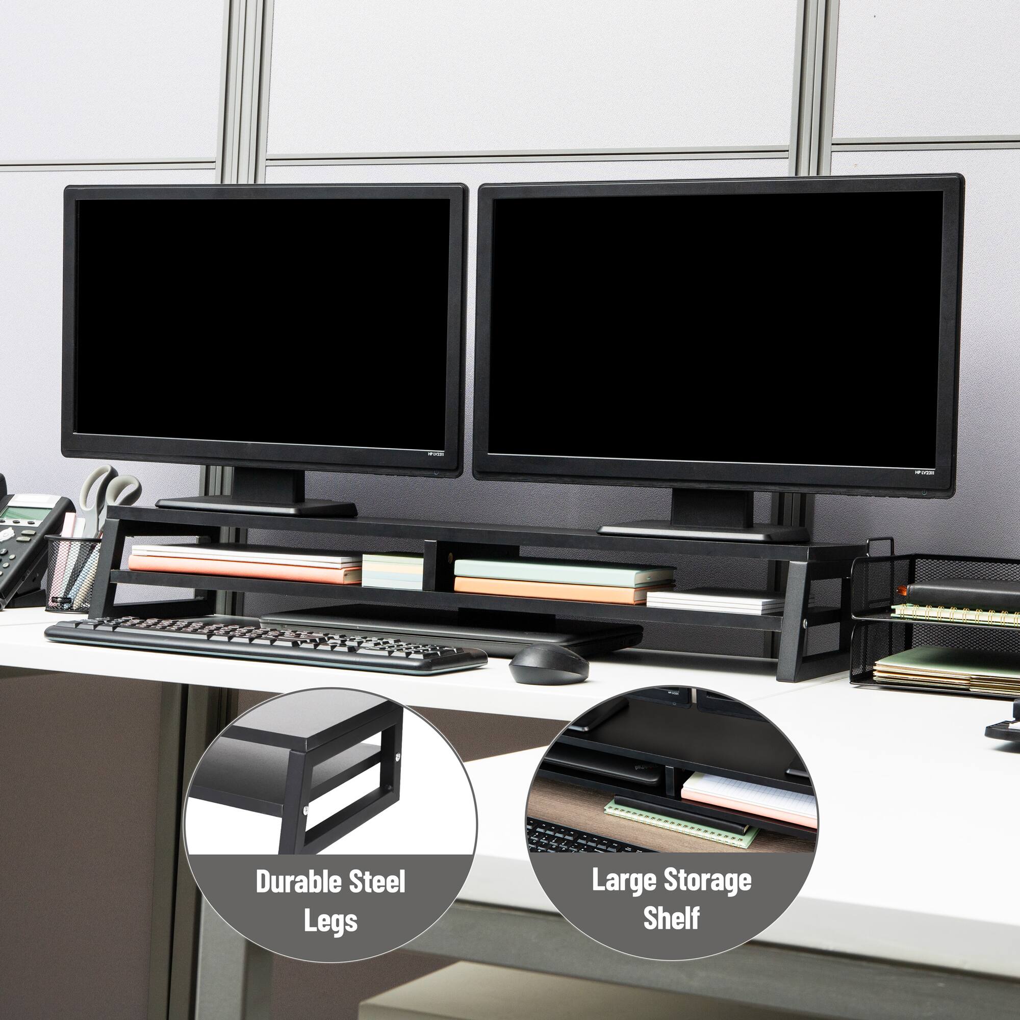 Mind Reader 2-Tier MDF Double Monitor Stand, Dual Screen Riser with Storage Shelf, 33.75 Inch Wide, 88 lb Capacity, Black
